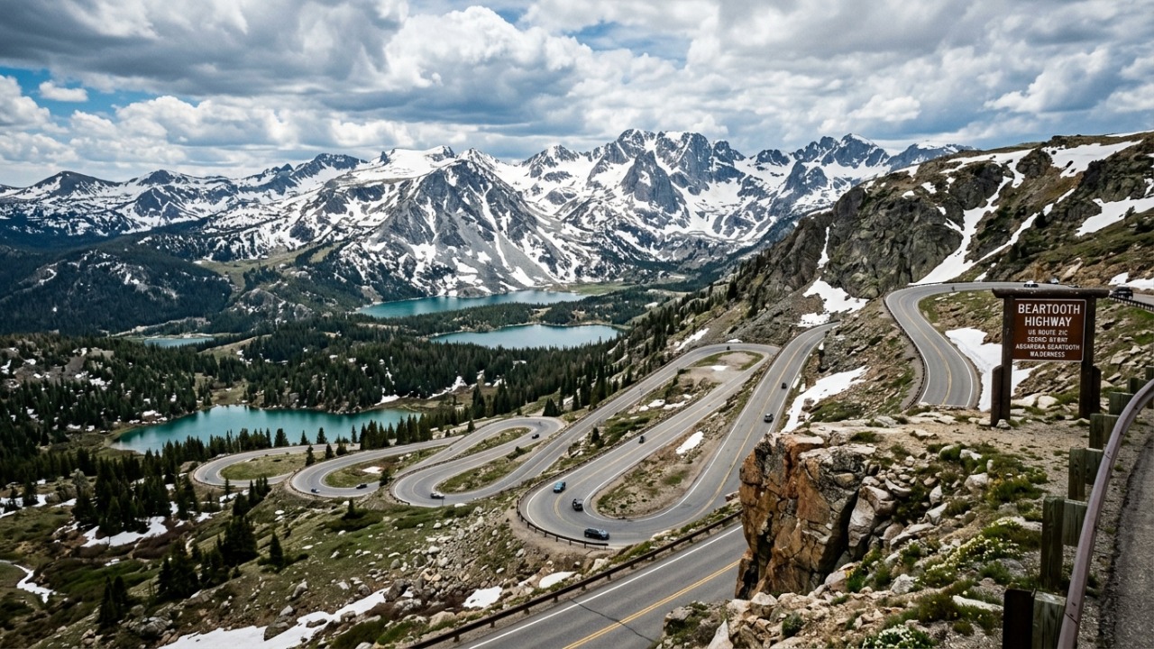 A Beartooth Highway oferece uma rota cênica deslumbrante como acesso ao Parque Nacional de Yellowstone.