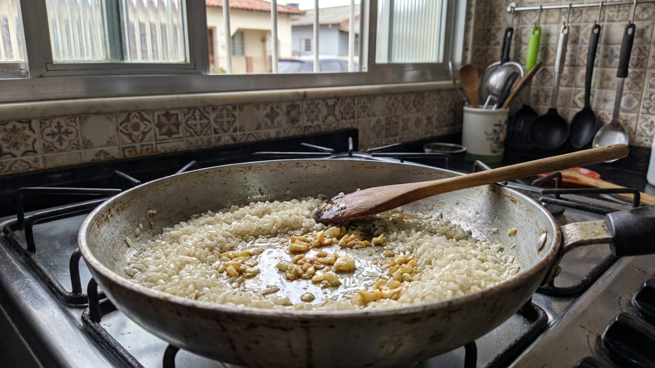O segredo para evitar o arroz empapado está na proporção correta de água e no refogado inicial.