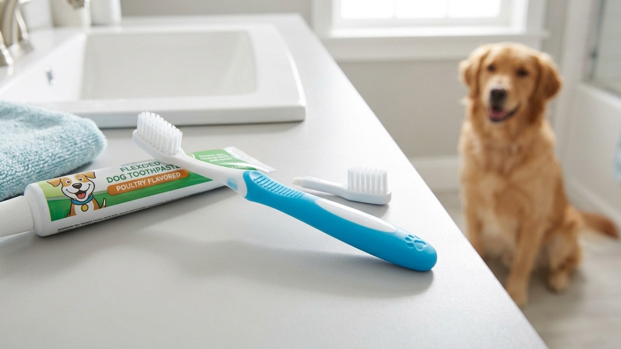 O macete da escova de dentes com um pouco de petisco para limpar o tártaro do cão A escovação regular é fundamental para manter o bem-estar dos cães, prevenindo dores e complicações graves