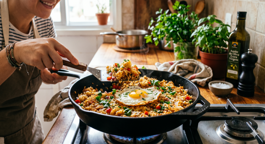 Arroz crocante na frigideira com textura dourada e sabor intenso