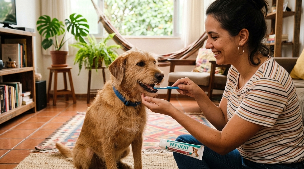 O macete da escova de dentes com um pouco de petisco para limpar o tártaro do cão Quando notamos o odor forte na boca do animal, precisamos agir rapidamente para evitar problemas severos.