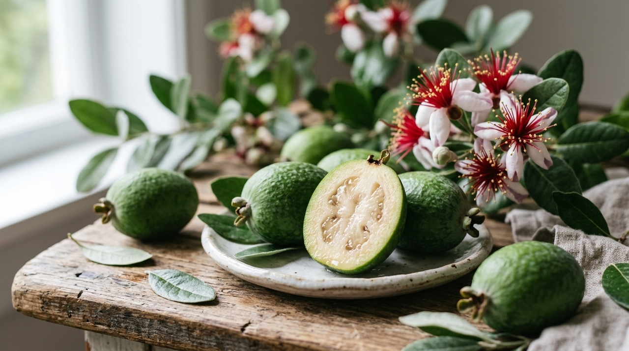 Essa fruta lembra o sabor do maracujá com goiaba e é fácil de cultivar em vaso na varanda A feijoa precisa de um vaso grande, com pelo menos 50 litros, porque forma raízes fortes e uma copa que pode ser podada para ficar mais compacta.