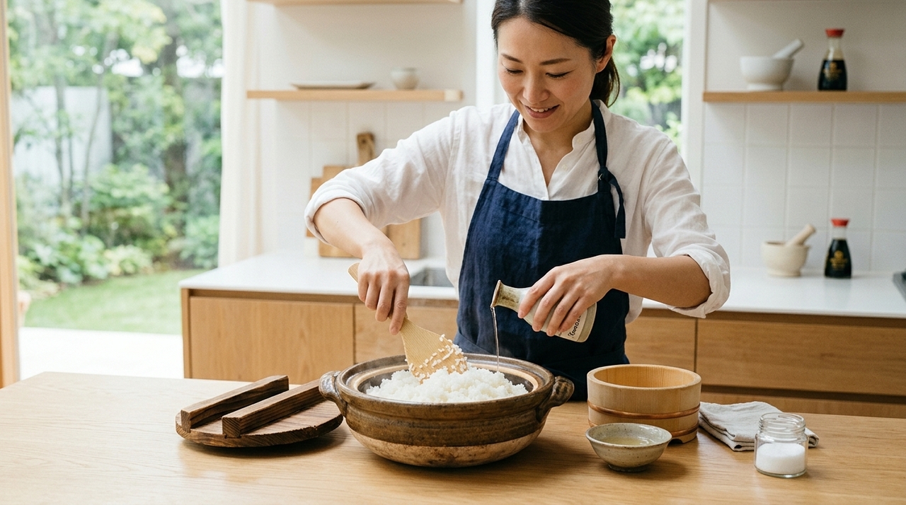 Os japoneses concordam: “Para deixar o arroz mais soltinho e com sabor equilibrado, o segredo é adicionar um fio de vinagre de arroz antes de cozinhar.”
