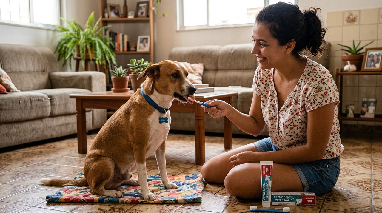 O macete da escova de dentes com um pouco de petisco para limpar o tártaro do cão