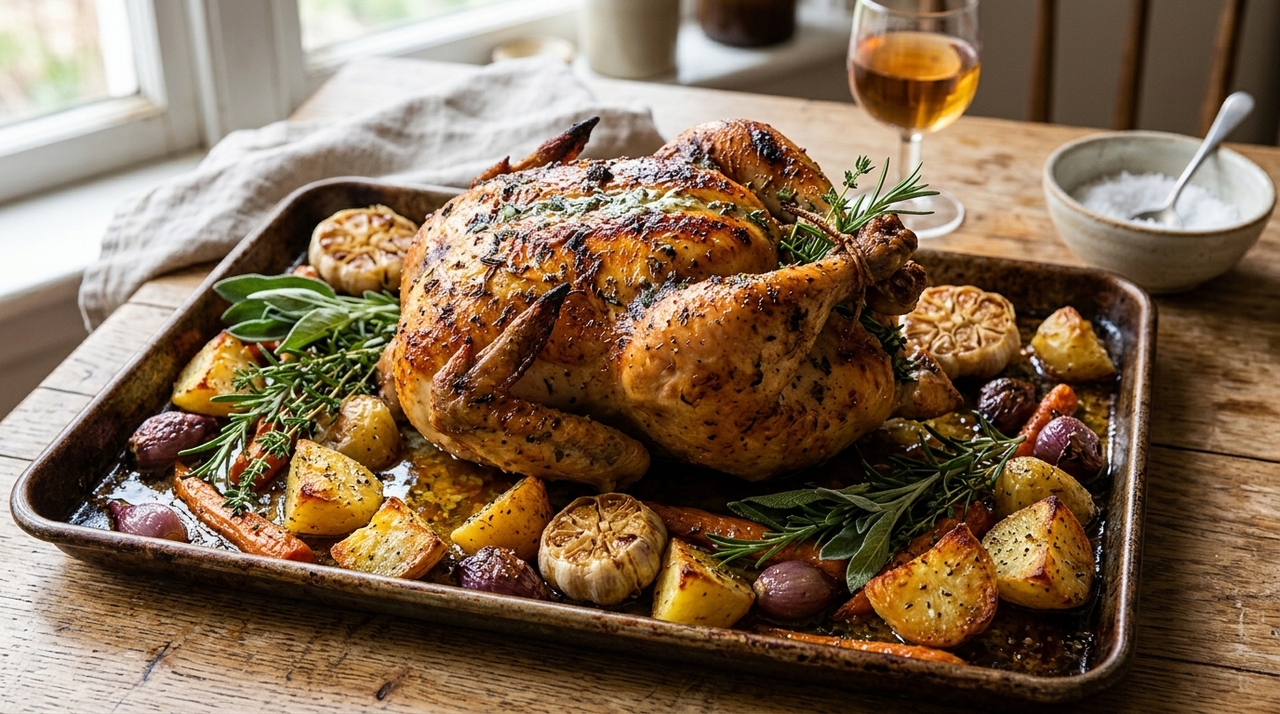 Os melhores chefs concordam: frango assado não se tempera apenas com sal; é preciso adicionar manteiga gelada por baixo da pele e ervas frescas