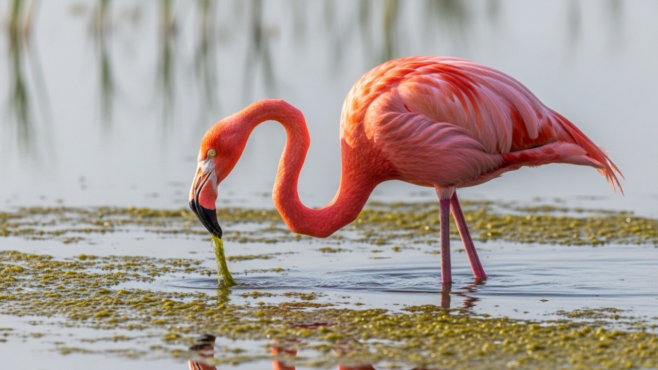 A coloração vibrante dos flamingos resulta do acúmulo de pigmentos obtidos através de sua dieta especializada.