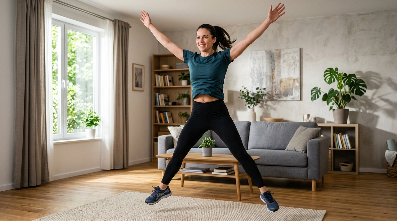 Na prática, o jumping jack é um exercício aeróbico de corpo inteiro que eleva o consumo de oxigênio e acelera o coração em poucos minutos.