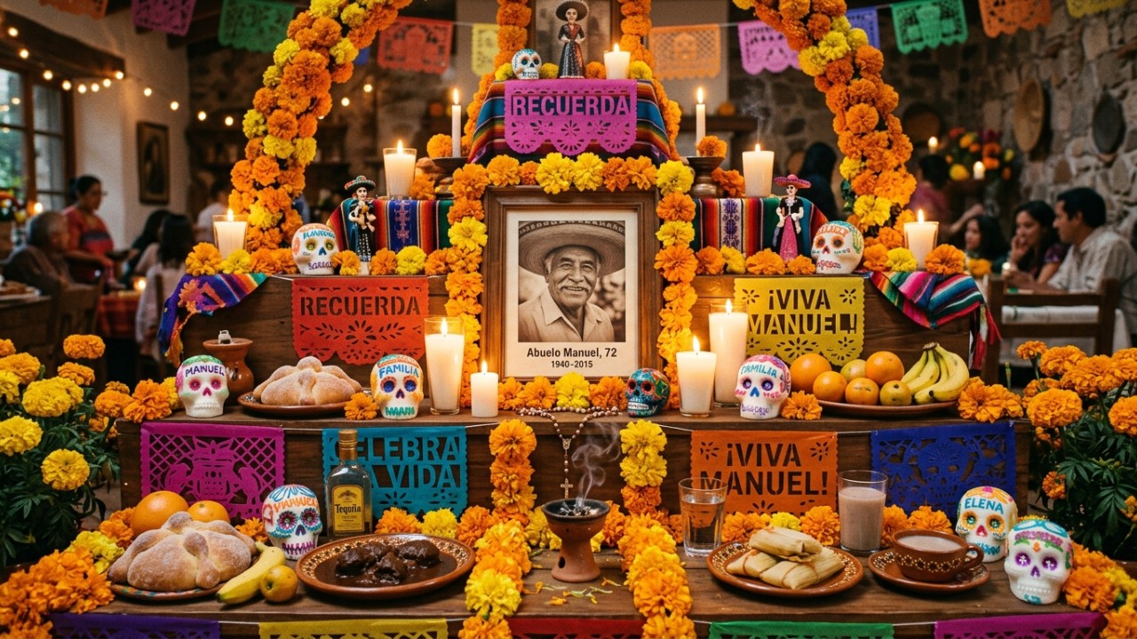 Os altares e os elementos visuais marcantes estabelecem uma forte conexão espiritual para homenagear os antepassados com alegria. – Imagem gerada por IA