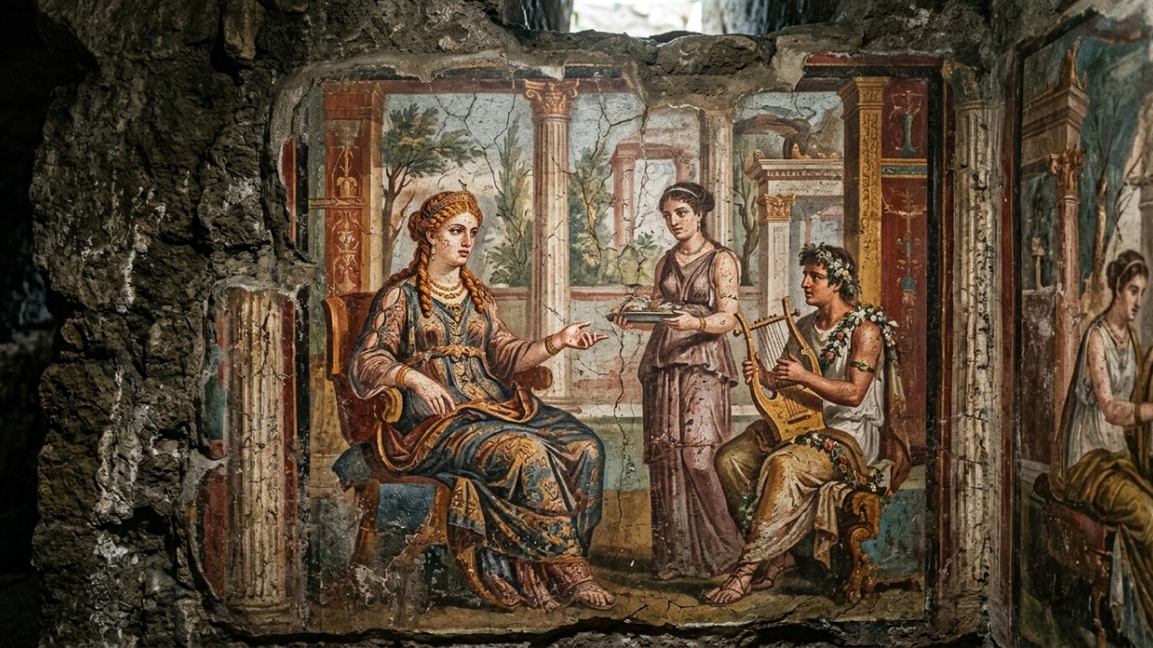 As escavações em uma escola italiana revelaram afrescos e estuques bem preservados do período médio-imperial romano. – Imagem gerada por IA