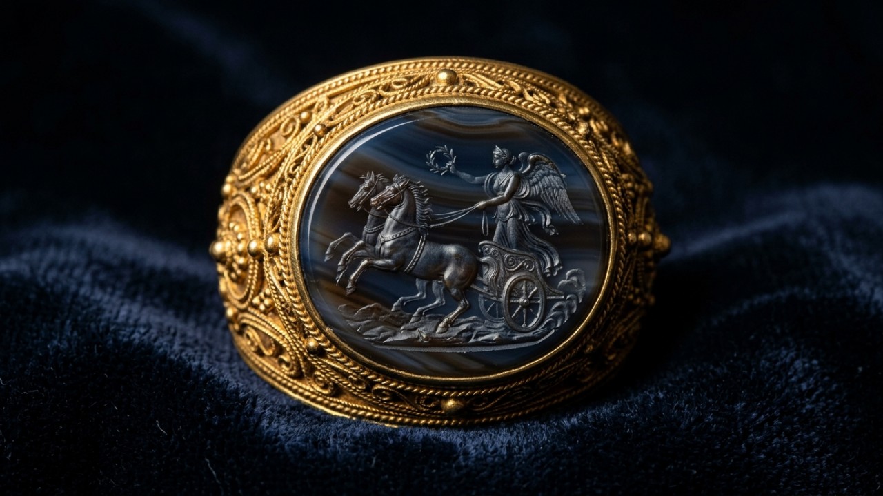 O valioso artefato de ouro traz uma gema gravada com a imagem da deusa Vitória conduzindo uma carruagem. – Imagem gerada por IA