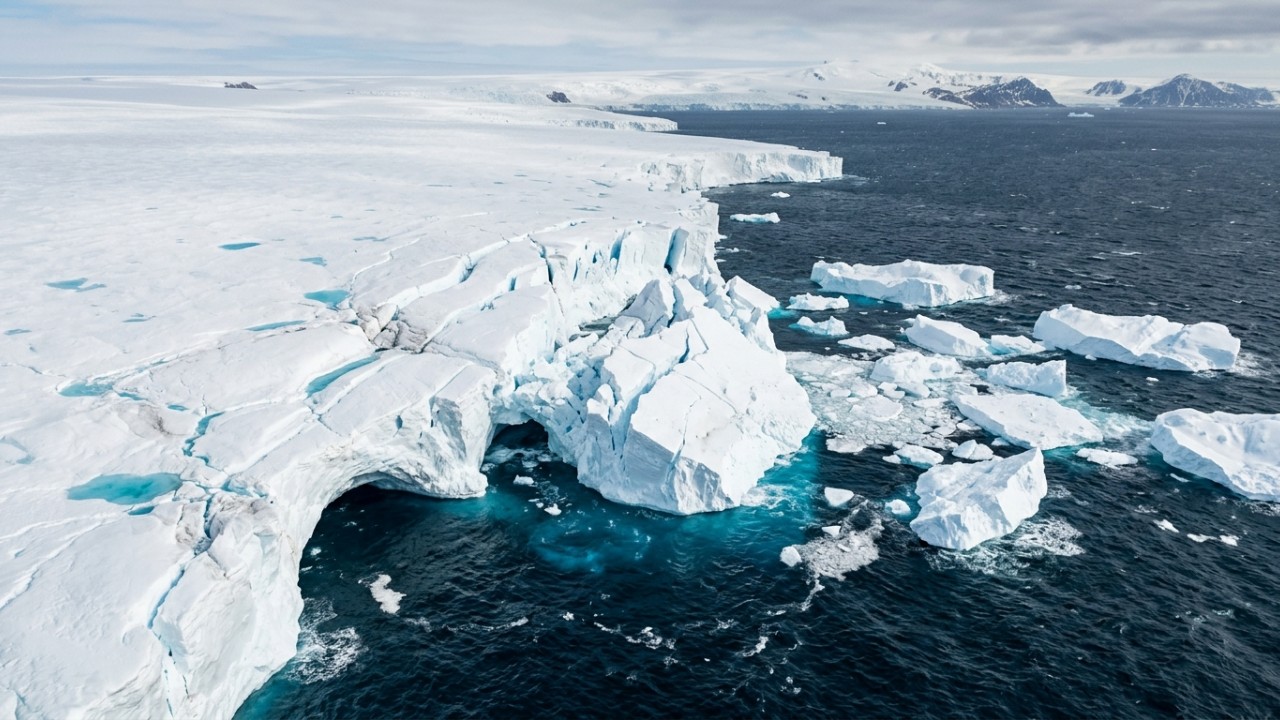 A água doce do degelo enfraquece a barreira salina natural e expõe as plataformas de gelo a correntes profundas aquecidas. – Imagem gerada por IA