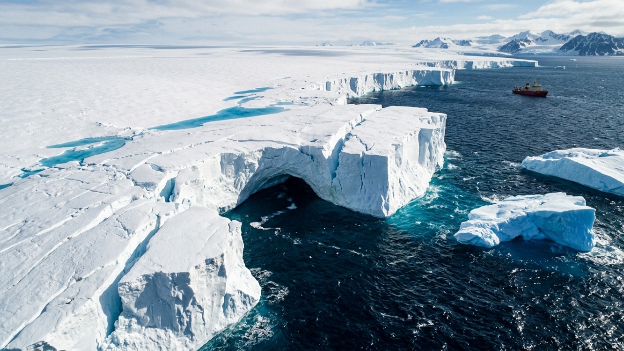 O derretimento das geleiras na Antártida altera as correntes oceânicas e acelera a elevação global do nível do mar. – Imagem gerada por IA