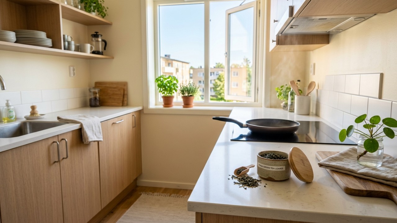 O uso estratégico de folhas secas de chá verde ajuda a neutralizar o aroma persistente de frituras na cozinha de forma totalmente natural. – Imagem gerada por IA