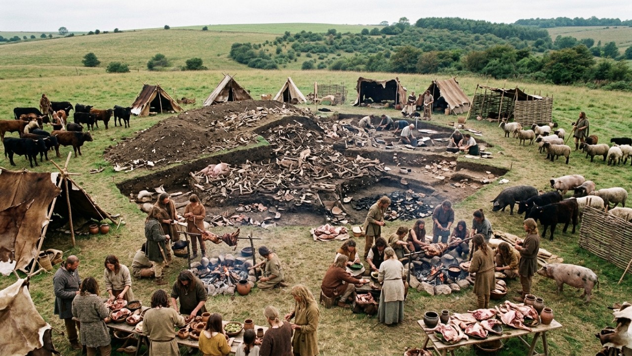 Os restos de alimentos deixados nas celebrações pré-históricas comprovam estratégias de sobrevivência coletiva e forte identidade cultural regional. – Imagem gerada por IA