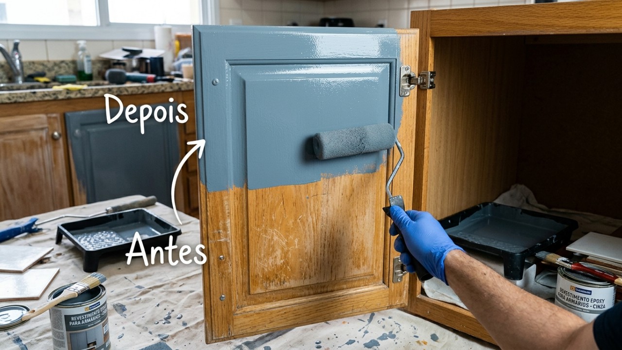 A aplicação correta do primer e da tinta epóxi garante um acabamento profissional e protege o móvel contra a umidade. – Imagem gerada por IA