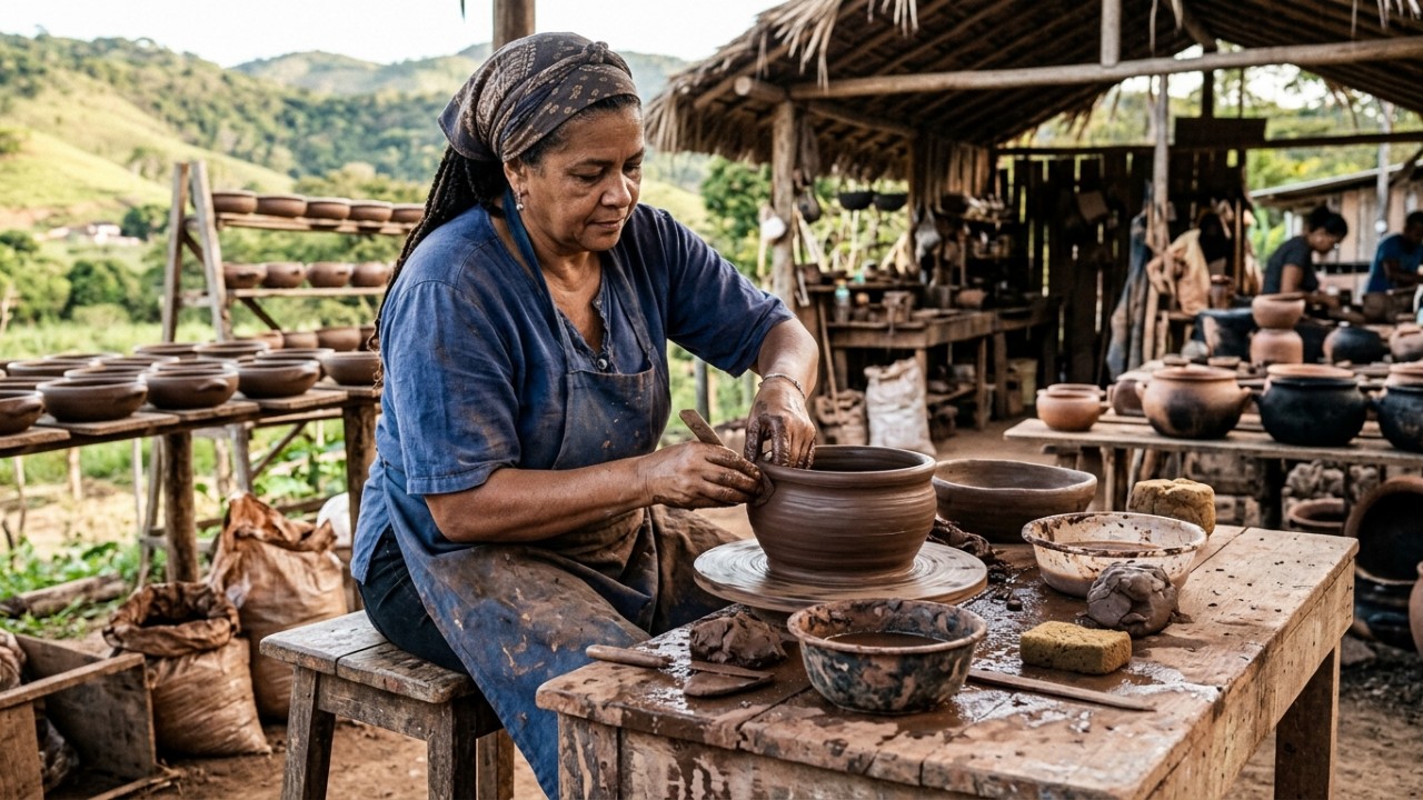 A cerâmica artesanal das Paneleiras de Goiabeiras resgata a ancestralidade capixaba e eleva a experiência da culinária sofisticada. – Imagem gerada por IA