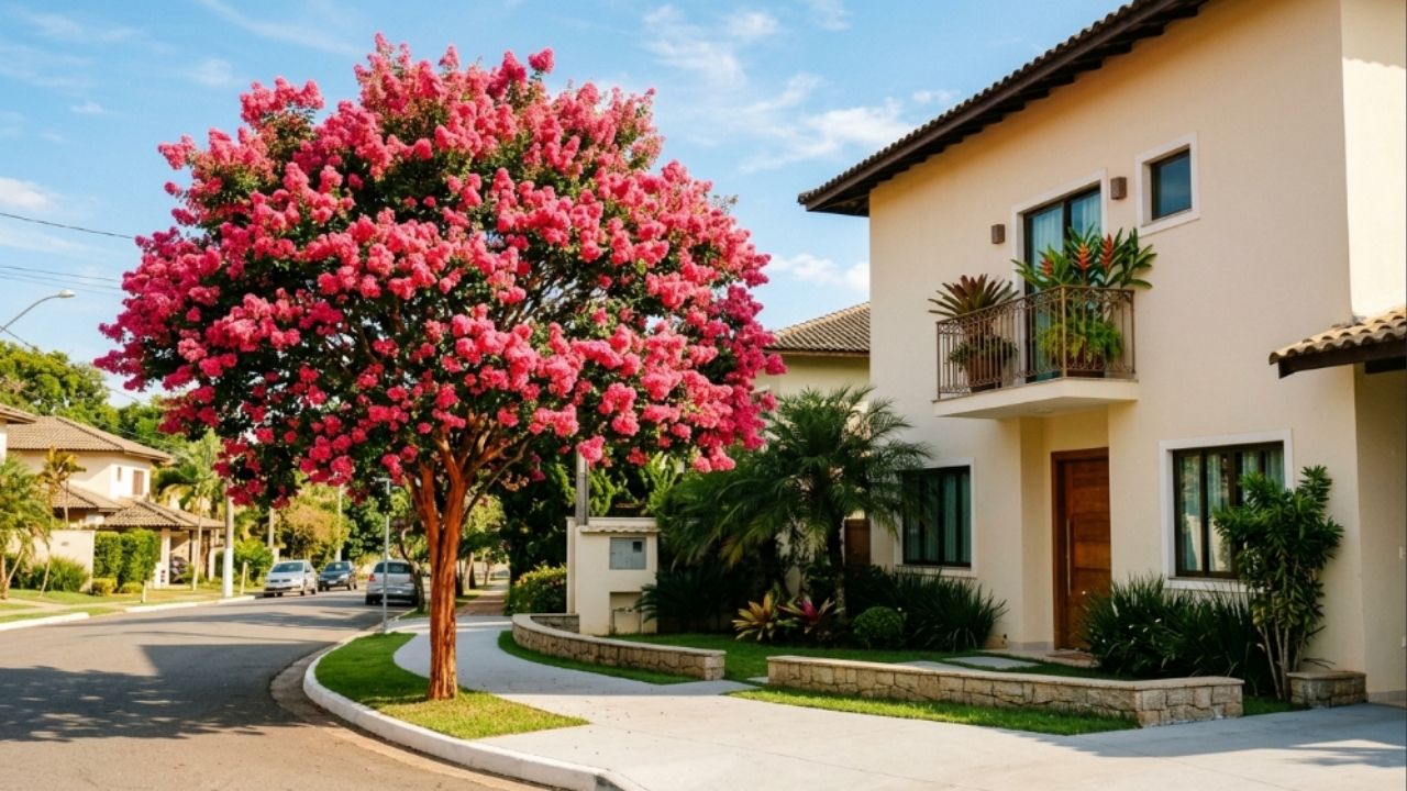 A árvore que virou tendência no paisagismo porque além das suas flores não fazerem sujeira, aguenta o sol forte e não quebra o piso Suas raízes ajudam a preservar o piso.