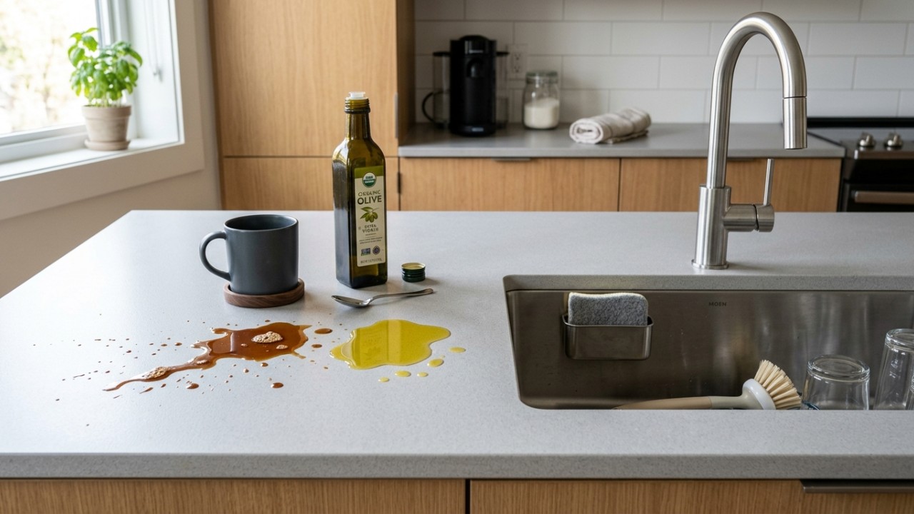 A bancada de quartzo engenheirado se consolida como a principal escolha para cozinhas modernas e funcionais. – Imagem gerada por IA