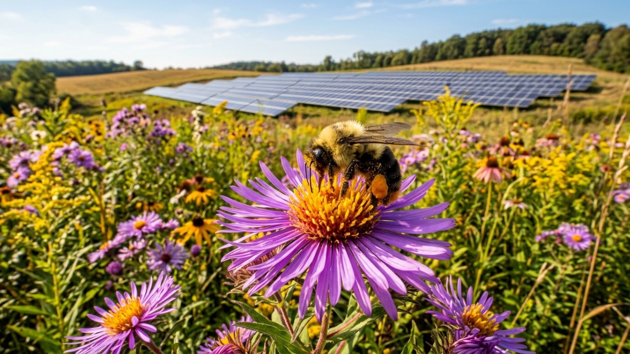 O pastoreio de ovelhas em usinas solares une a produção de energia limpa à preservação da biodiversidade local. – Imagem gerada por IA