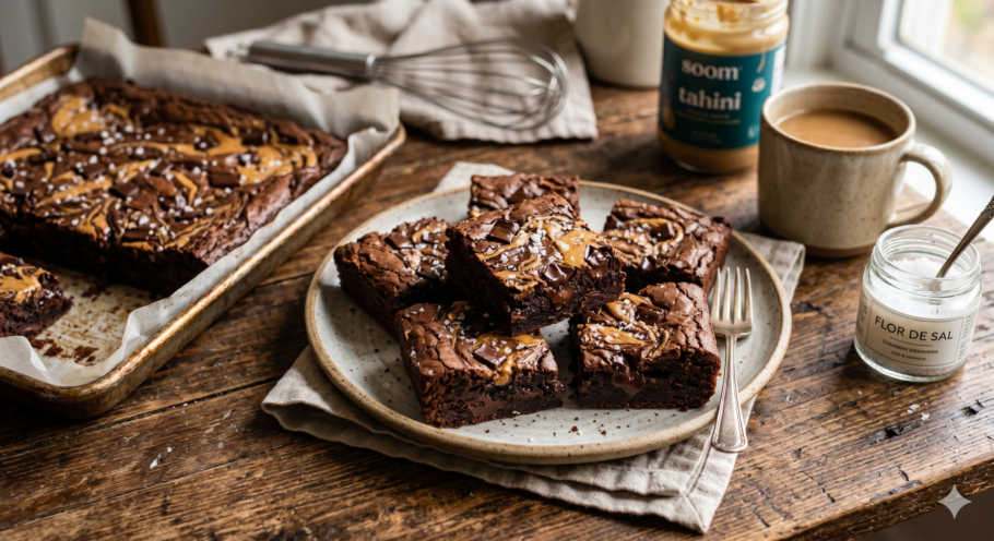 Brownie de tahine com flor de sal e pedaços de chocolate: a sobremesa intensa e sofisticada que derrete na boca Aprenda a fazer brownie de tahine com flor de sal e pedaços de chocolate