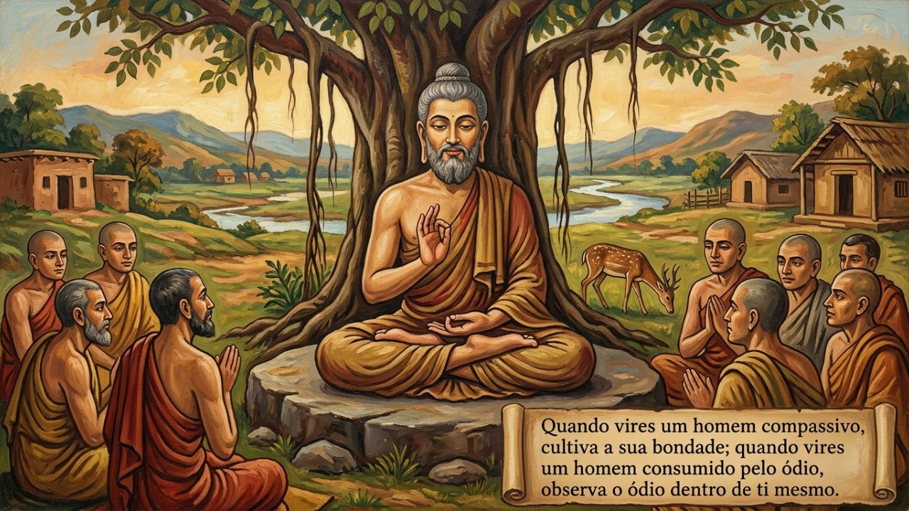 Buda, sábio mestre indiano e guia espiritual, já ensinava por volta de 500 a.C.: “Quando vires um homem compassivo, cultiva sua bondade; quando vires um homem tomado pelo ódio, observa o ódio dentro de ti.” Transformar conflitos em autoconhecimento permite cultivar uma postura firme baseada na compaixão e na calma. – Imagem gerada por IA