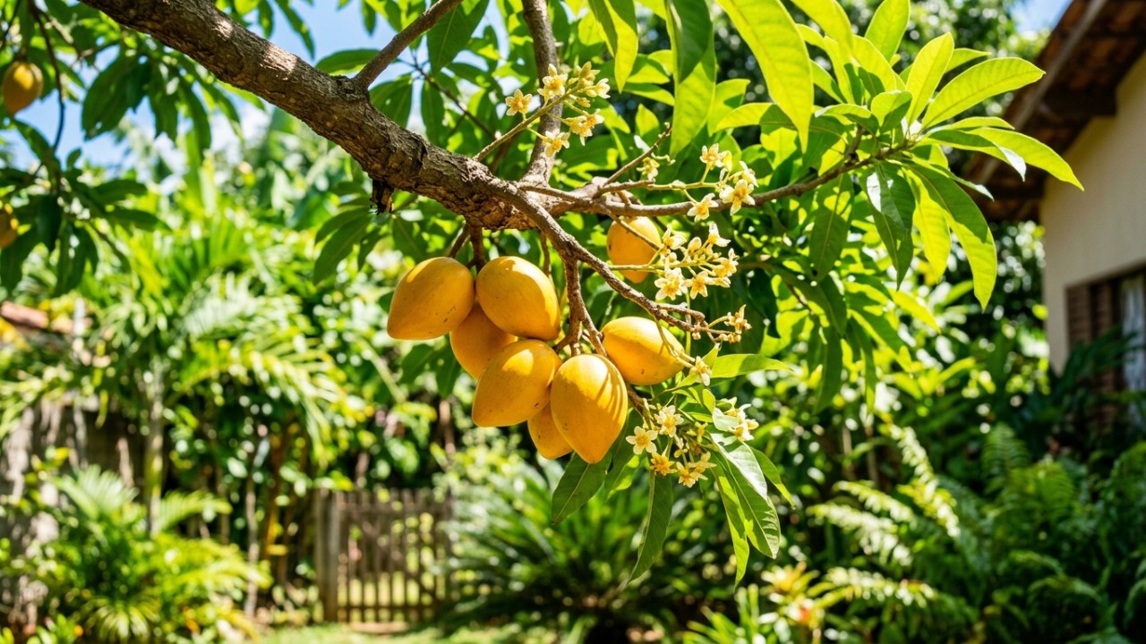 Com polpa cremosa que lembra o sabor de pudim, essa fruta exótica é ideal para cultivar no quintal. – Imagem gerada por IA