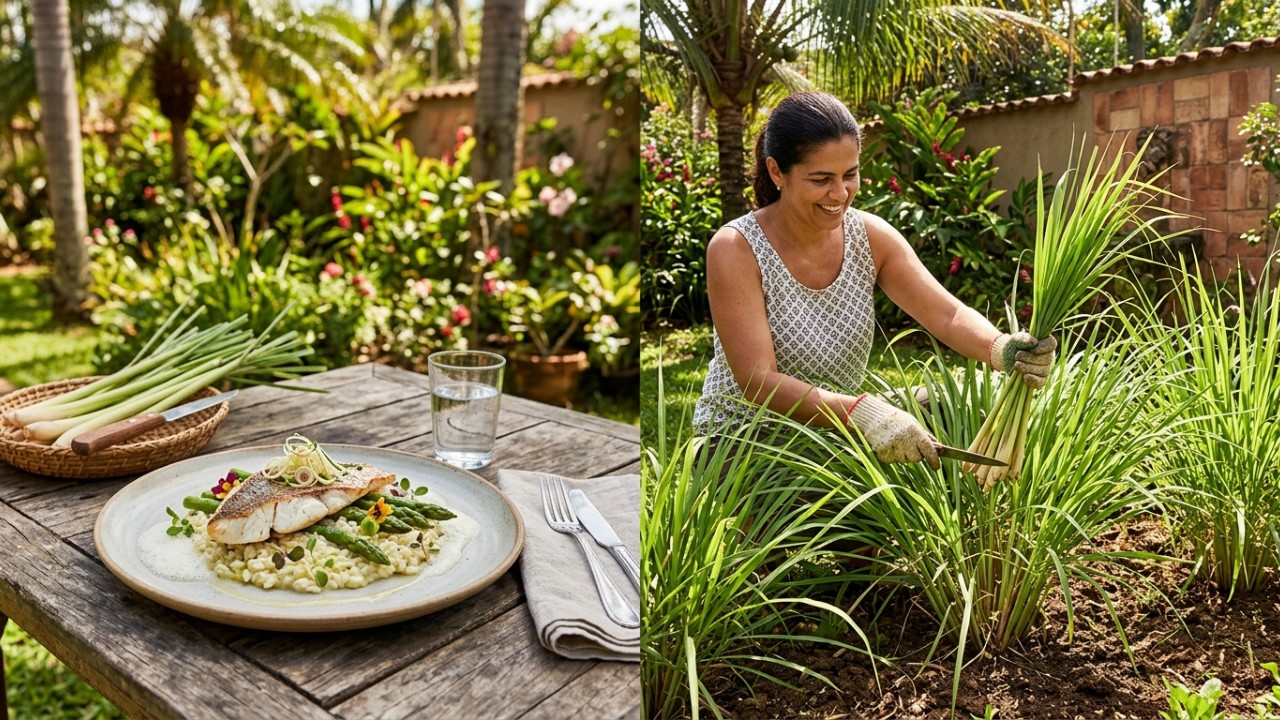 O capim santo conquistou as cozinhas gourmet ao unir a simplicidade medicinal ao requinte da gastronomia contemporânea. – Imagem gerada por IA