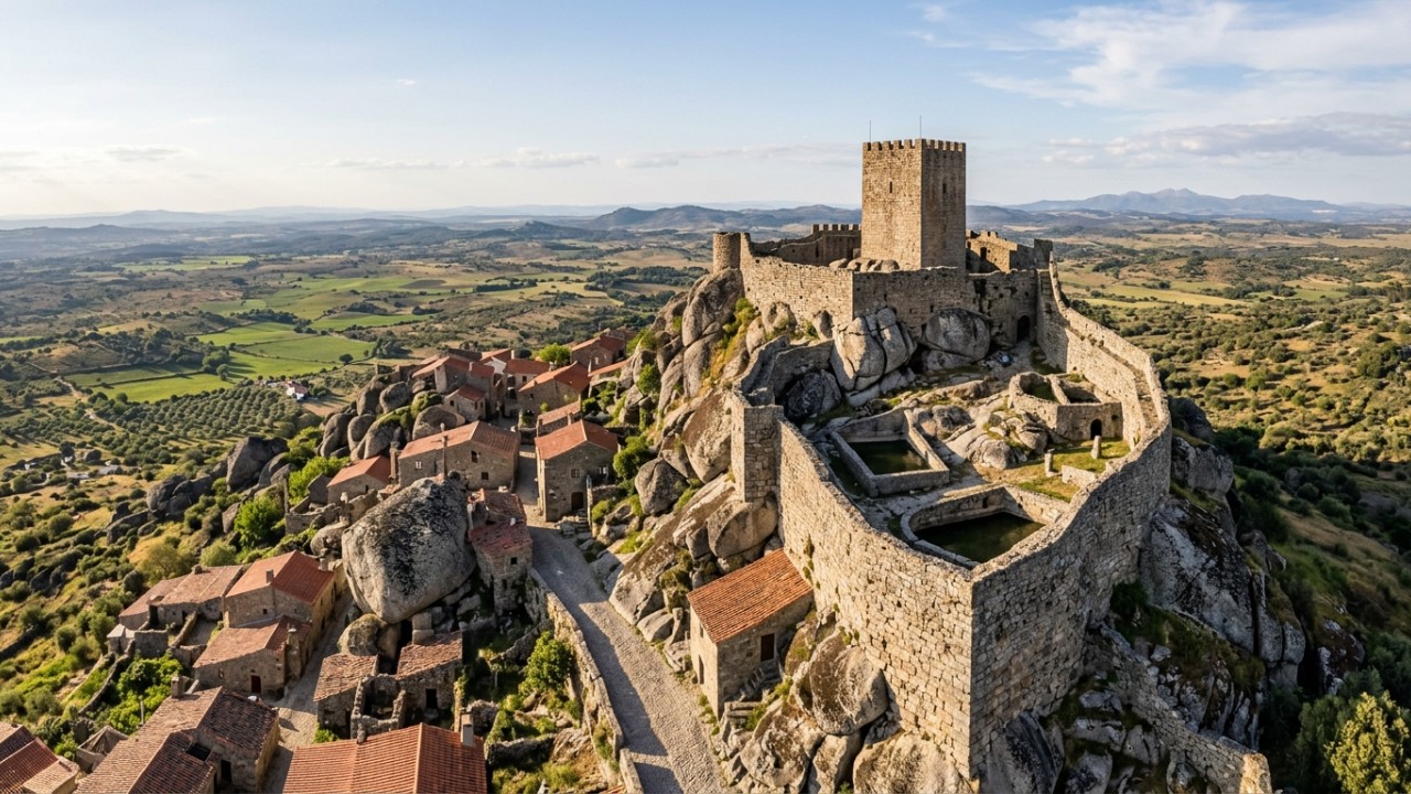 As construções históricas do vilarejo desafiam a gravidade com habitações erguidas entre rochas colossais e ruelas de pedra. – Imagem gerada por IA