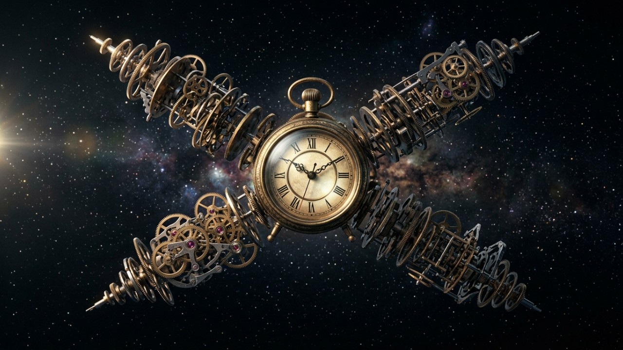 A teoria do universo bloco sugere que passado, presente e futuro coexistem em uma estrutura estática. – Imagem gerada por IA