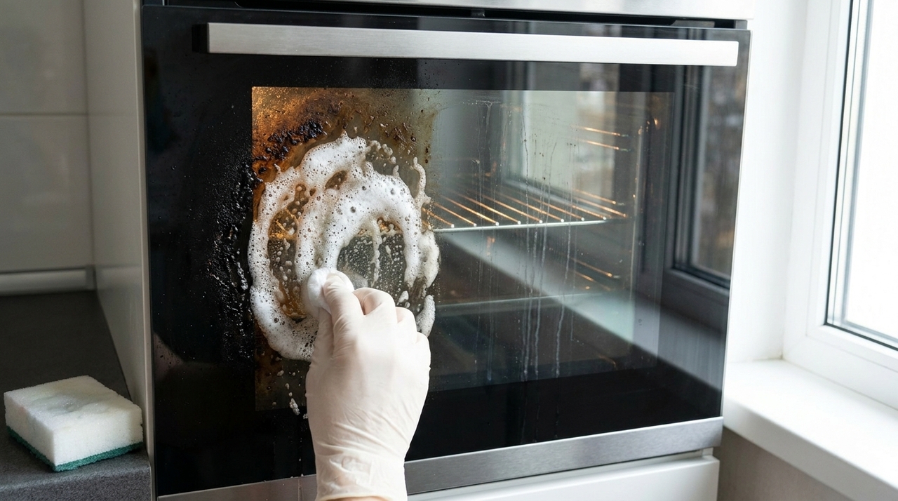 A porta do forno enegrecida por gordura é resultado da combinação de calor intenso, vapores de óleo e pequenos respingos de alimentos.