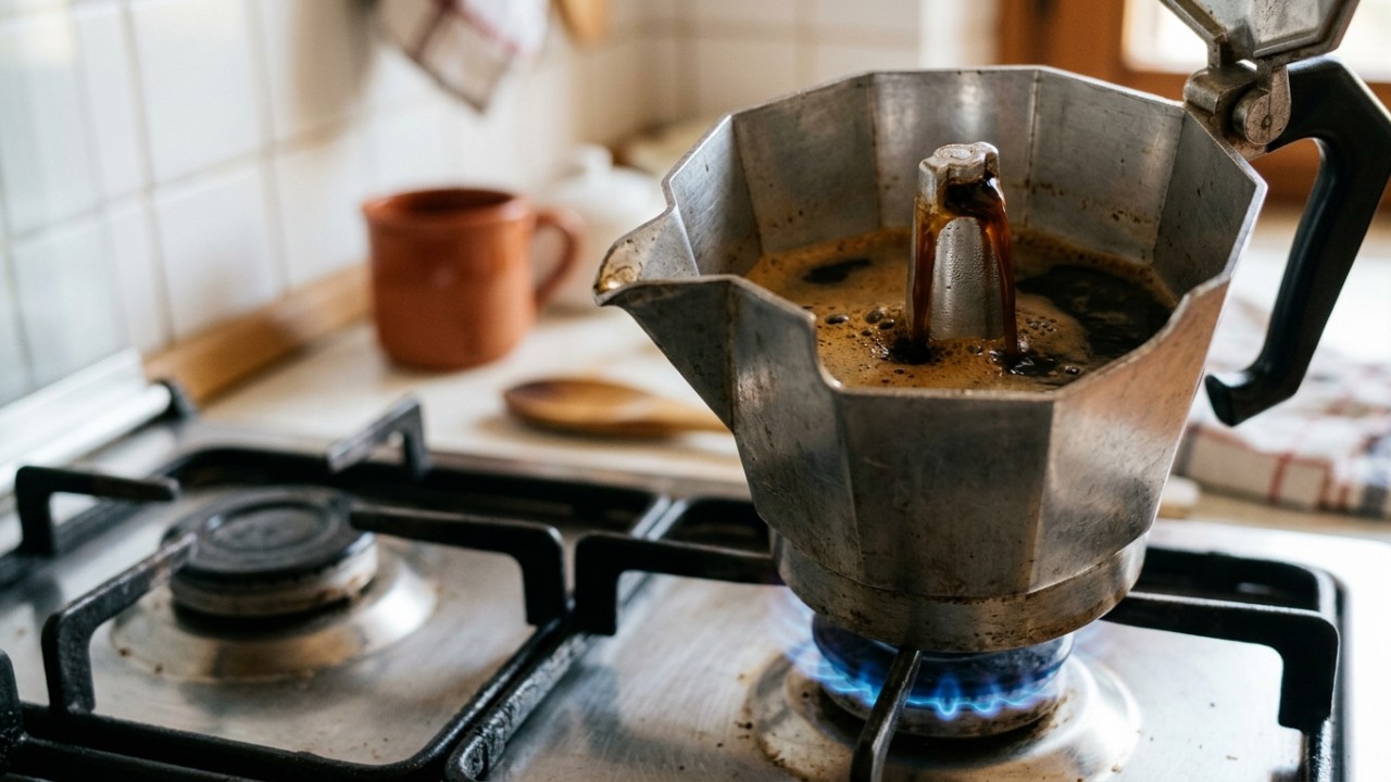A cafeteira italiana utiliza a pressão do vapor para extrair um café intenso e encorpado. – Imagem gerada por IA