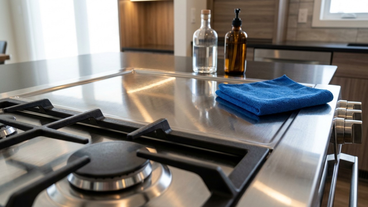 Aprenda a limpar seu fogão de inox preservando o brilho sem riscar a superfície. – Imagem gerada por IA