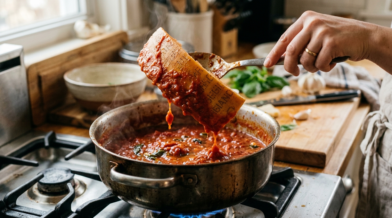 Truque italiano transforma molho simples com casca de queijo