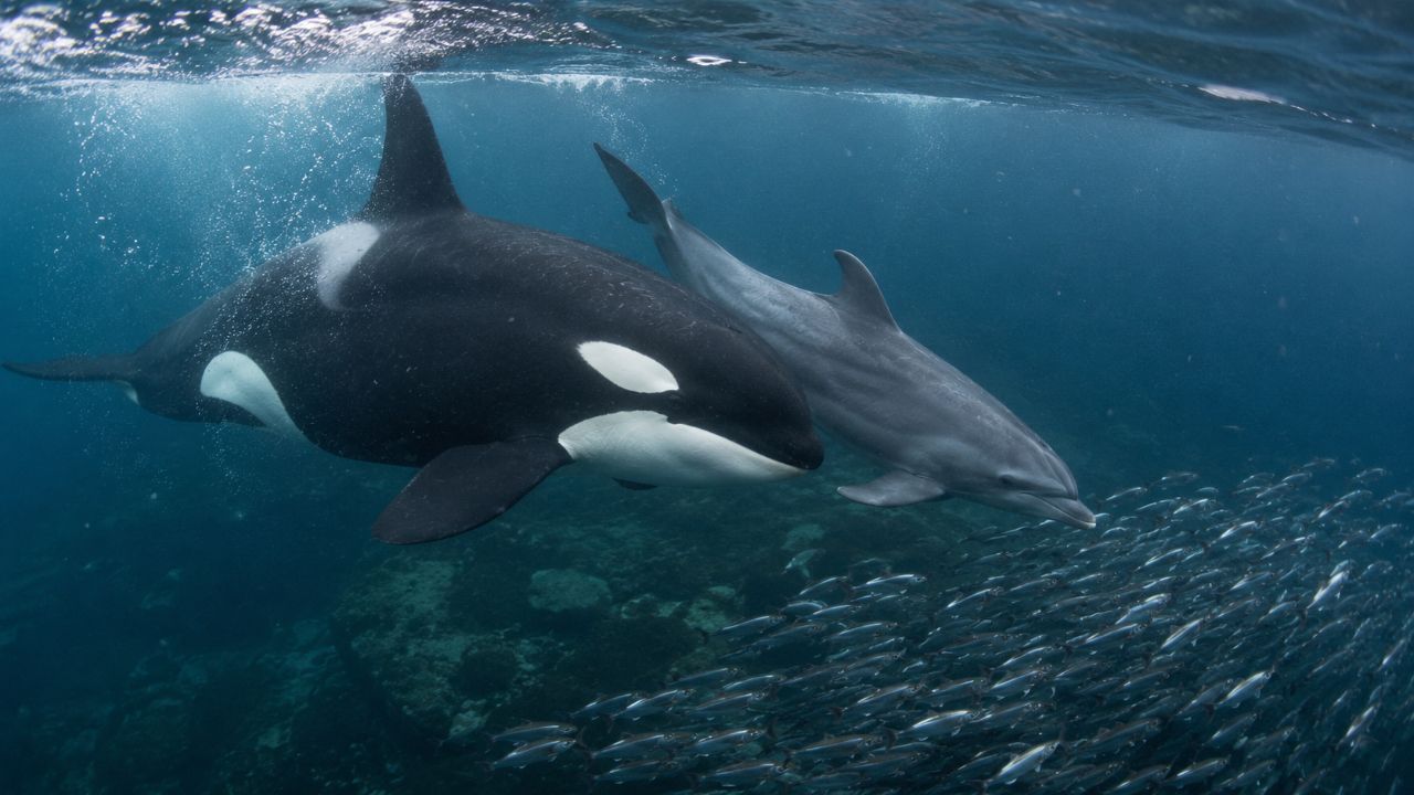 A cooperação com golfinhos ajuda orcas na caça ao salmão e garante alimento e proteção a eles.