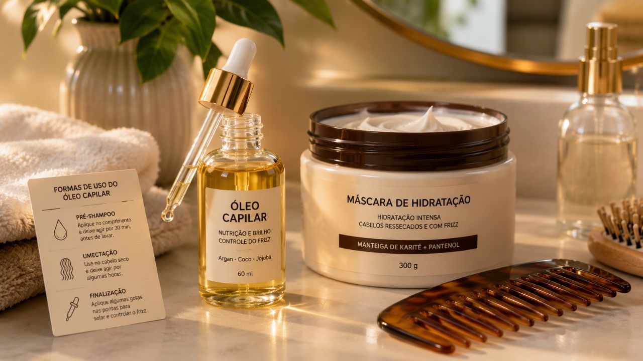 O uso de óleos capilares deve ser dosado conforme o tipo de fio para hidratar e reduzir o frizz.