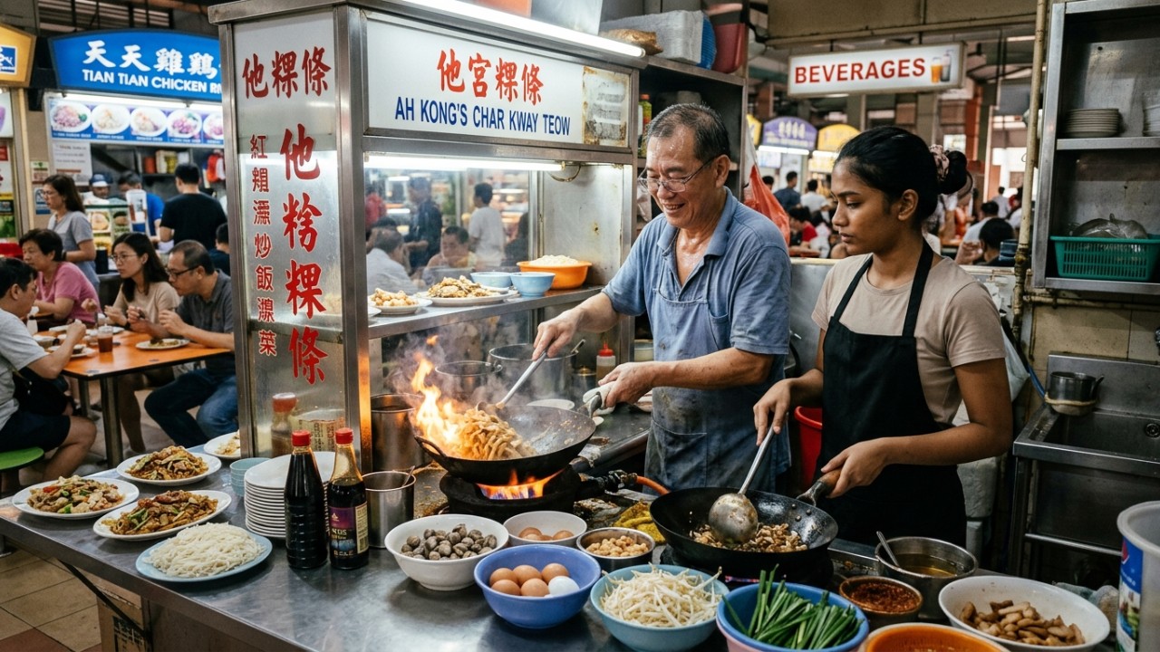 A preservação dos tradicionais pátios gastronômicos garante a união cultural e a coesão social no cotidiano da população de Singapura. – Imagem gerada por IA