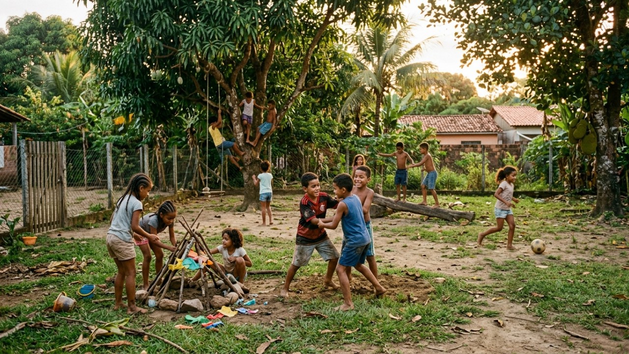 A liberdade de brincar nas ruas durante a década de 1970 foi essencial para o desenvolvimento da autonomia e resiliência infantil. – Imagem gerada por IA