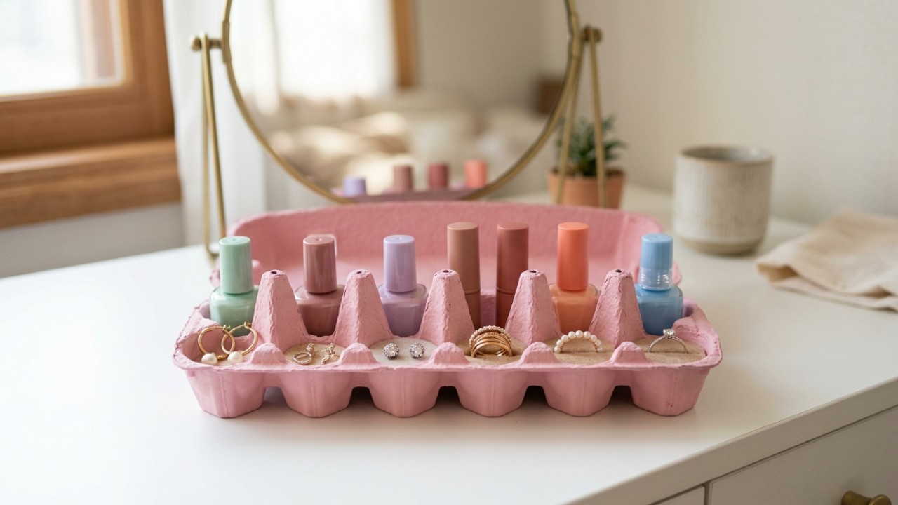 O upcycling com caixas de ovos limpa o visual da penteadeira compacta e organiza pequenos acessórios com muita criatividade. – Imagem gerada por IA