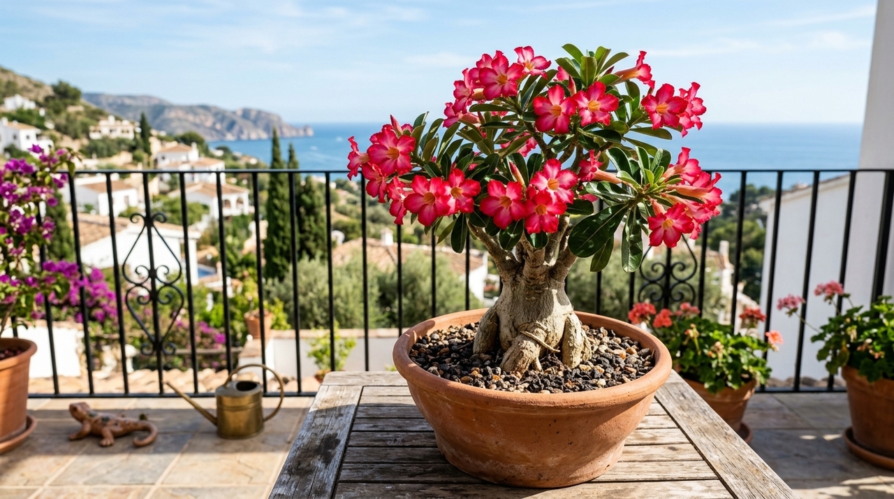 Conselhos para pessoas que cultivam rosa do deserto O vaso da rosa do deserto precisa ter furos de drenagem e tamanho proporcional à planta.
