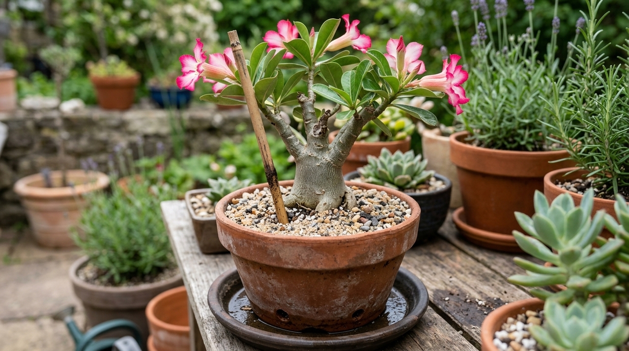 Conselhos para pessoas que cultivam rosa do deserto O vaso da rosa do deserto precisa ter furos de drenagem e tamanho proporcional à planta.