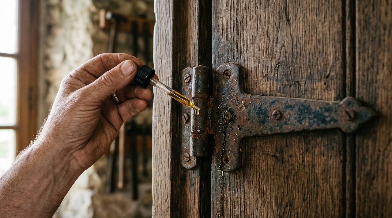 A dobradiça enferrujada aparece com frequência em ambientes úmidos ou pouco ventilados, onde o metal em contato com oxigênio e água forma óxidos, a ferrugem.