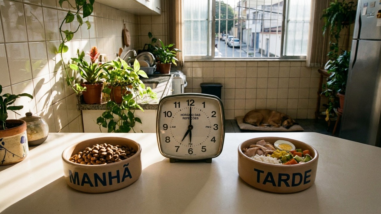 Combinar ração com alimentação natural exige cuidados específicos e separação das refeições para garantir a saúde e a nutrição correta do cão. – Imagem gerada por IA