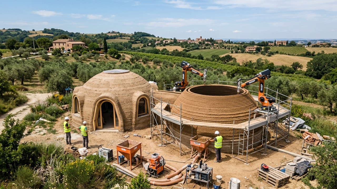 O projeto TECLA une fabricação digital e materiais ancestrais para criar habitações de baixo carbono com impacto ecológico reduzido. – Imagem gerada por IA