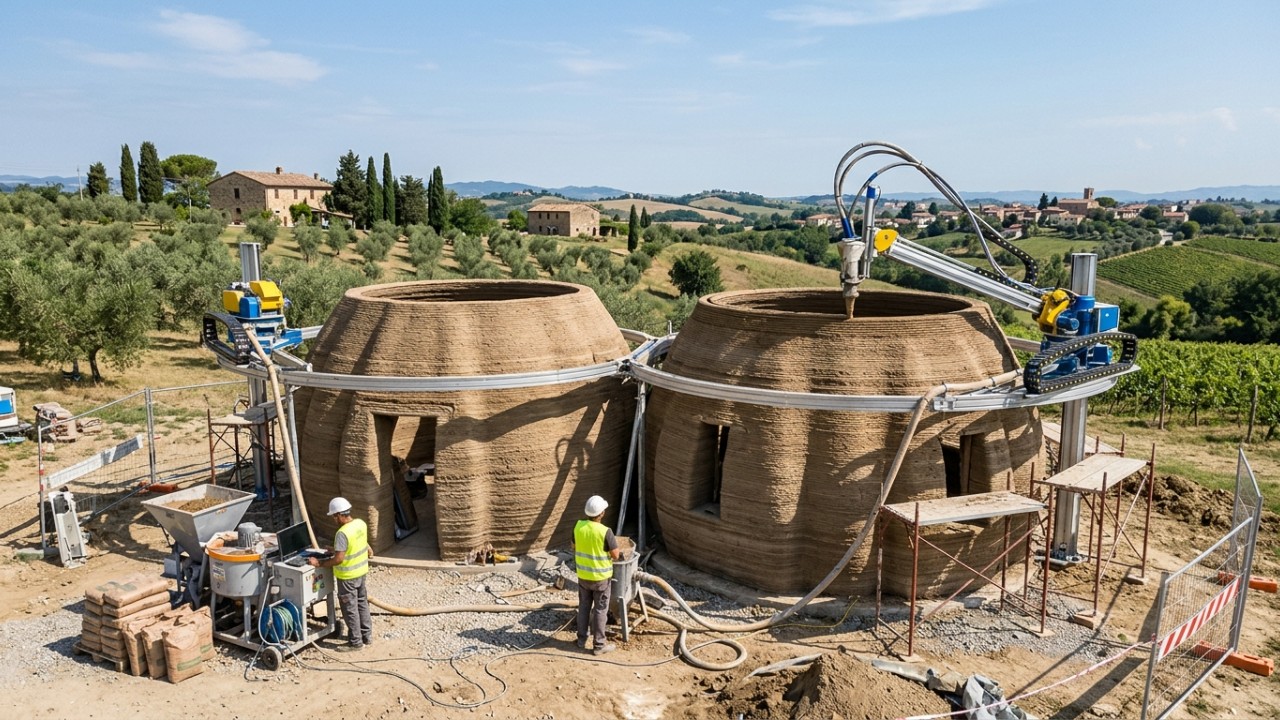 Casa ecológica construída na Itália utiliza braços robóticos e argila local para revolucionar a construção sustentável. – Imagem gerada por IA