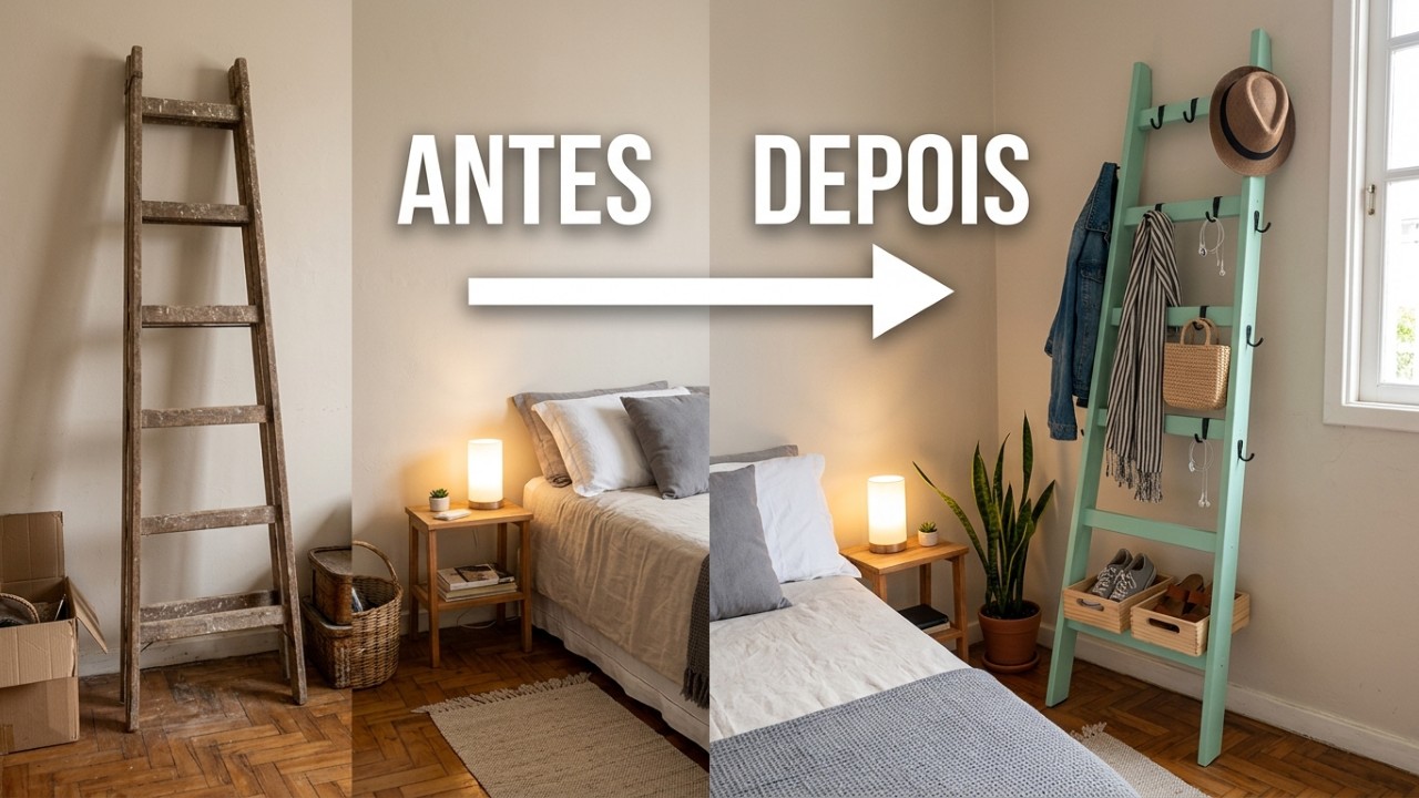 A transformação de uma escada velha em móvel funcional promove uma organização prática com estilo rústico. – Imagem gerada por IA