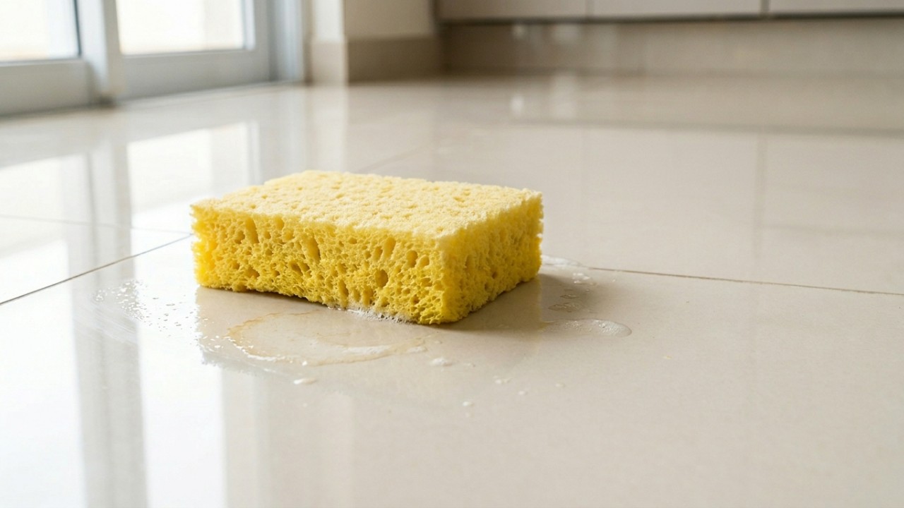 Utilizar o lado macio da esponja e finalizar com um pano seco preserva o brilho natural e evita manchas no porcelanato. – Imagem gerada por IA