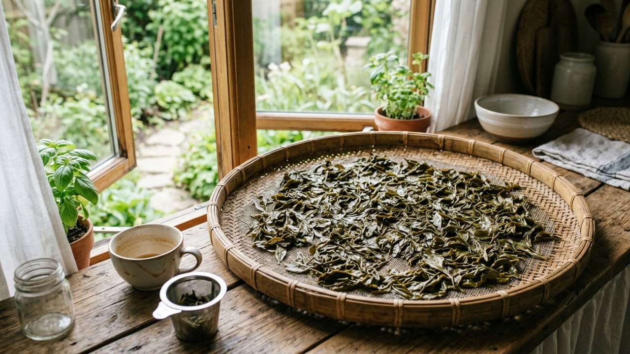As folhas de chá verde funcionam como desodorizantes naturais que eliminam completamente o cheiro forte de fritura na cozinha. – Imagem gerada por IA