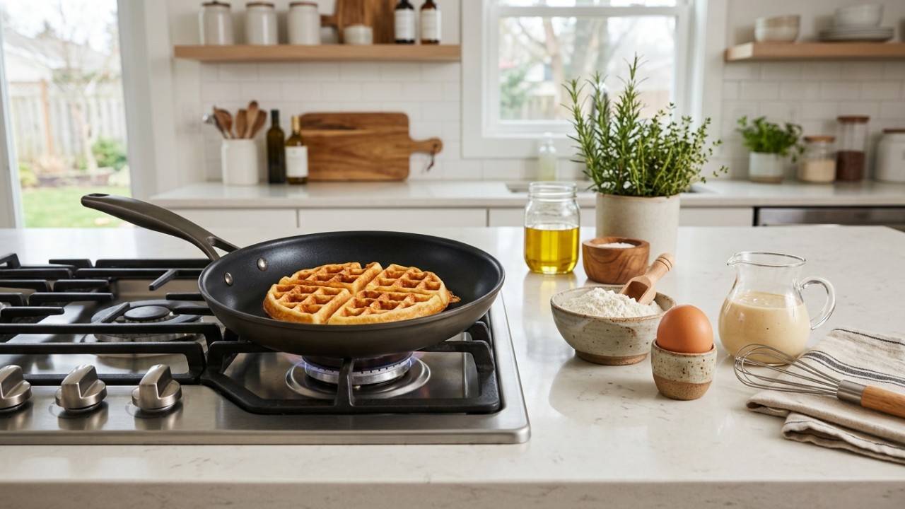 Preparar um waffle quentinho e fofinho na frigideira é a alternativa perfeita para economizar tempo na rotina matinal. – Imagem gerada por IA