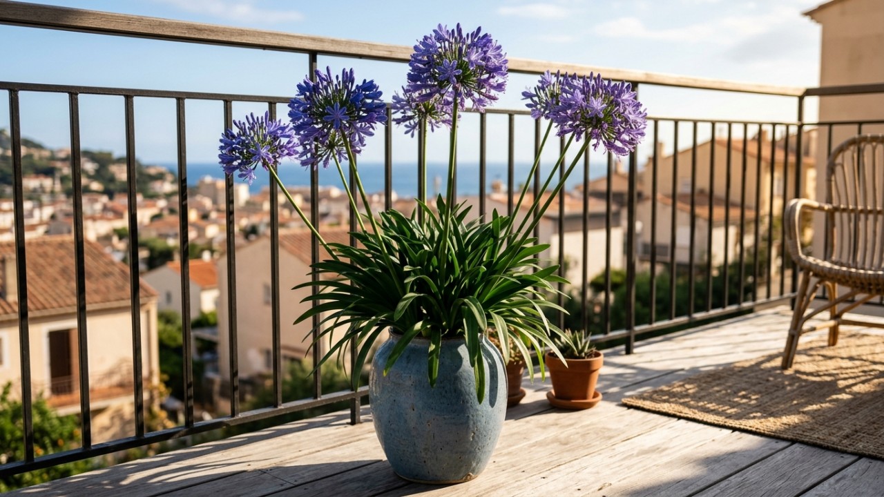 Cultivar agapantos em vasos exige atenção à drenagem e à exposição solar para garantir flores exuberantes. – Imagem gerada por IA