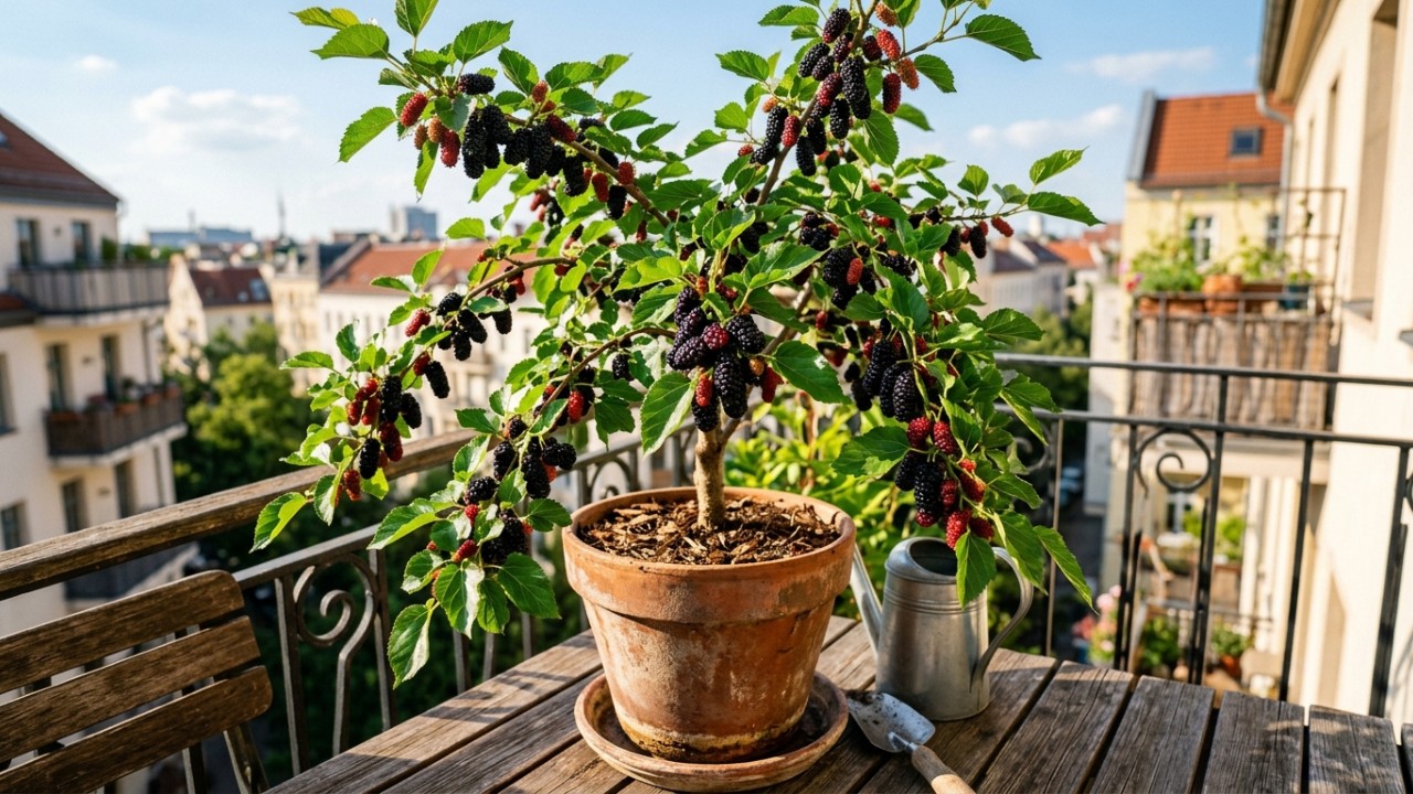 A escolha do vaso correto e a boa exposição ao sol garantem frutos doces e o desenvolvimento saudável da planta. – Imagem gerada por IA